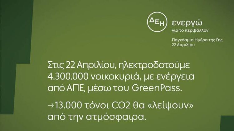 Ημέρα της Γης: Στις 22/4 η ΔΕΗ ηλεκτροδοτεί 4,3 εκατ. νοικοκυριά από ΑΠΕ